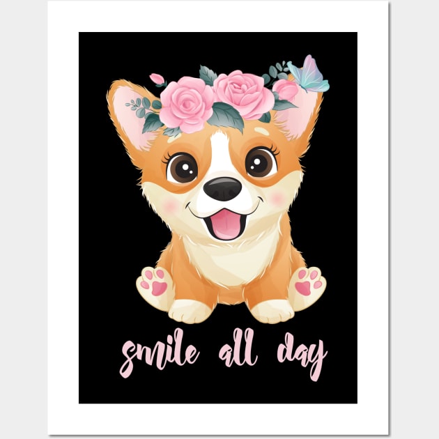 cute little corgi with flowers tshirt Wall Art by Tshirt lover 1